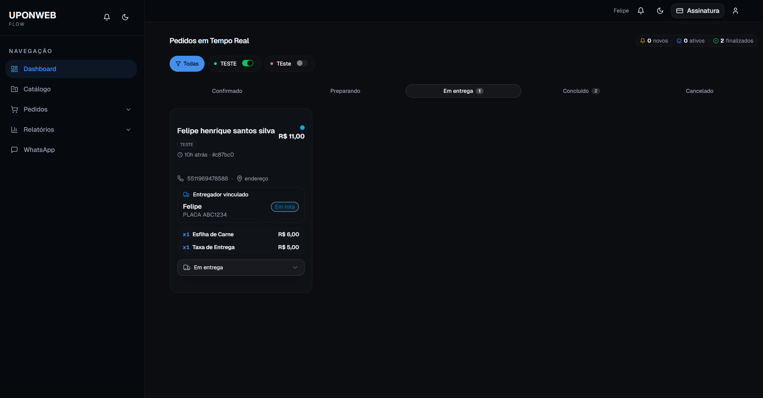 Tela desktop exibindo timeline de status do pedido atualizada em tempo real